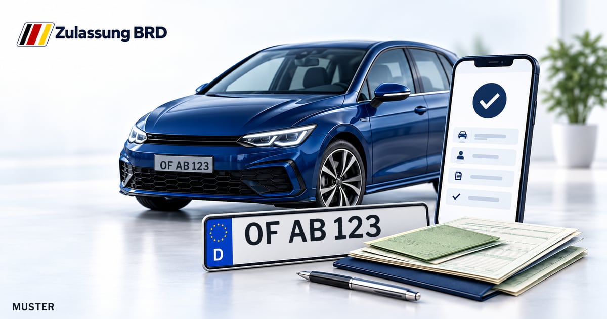 Online Fahrzeugzulassung in Langen: Musterkennzeichen OF AB 123, Auto und Fahrzeugpapiere und Smartphone. Illustration mit Logo von Zulassung BRD.